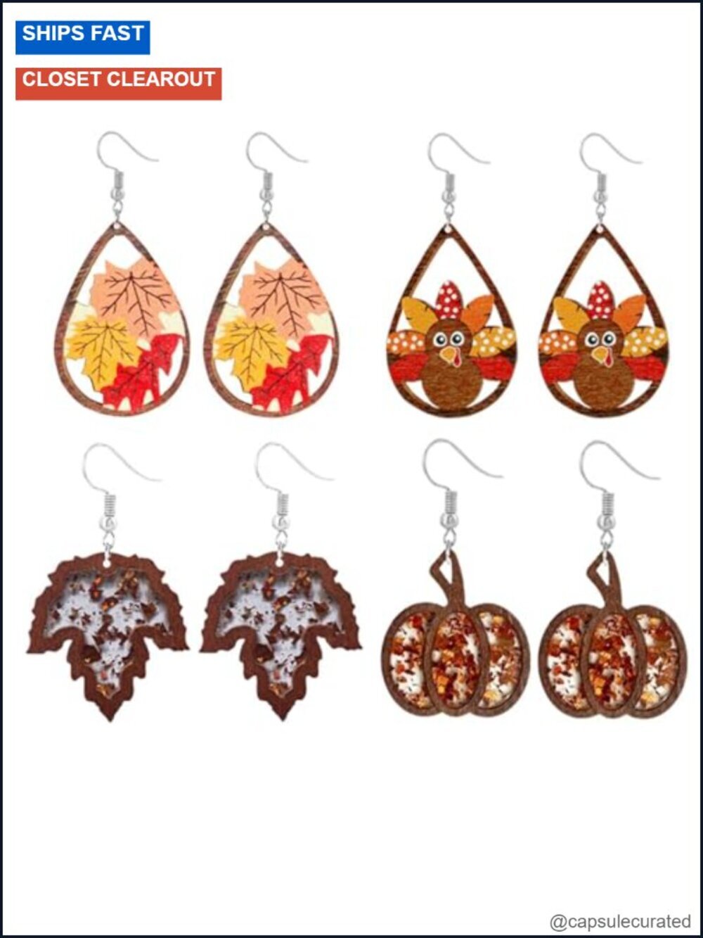 4 Pairs Fall Thanksgiving Drop Dangle Earrings Lightweight Autumn Wooden